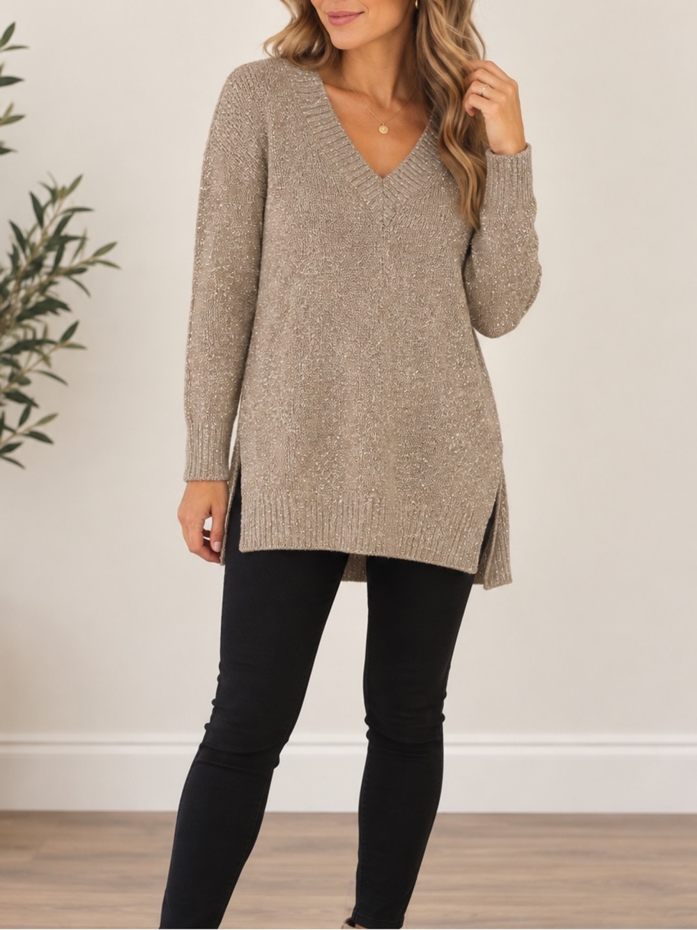 Doncaster Collection Metallic Taupe V Neck Tunic Sweater Size Small